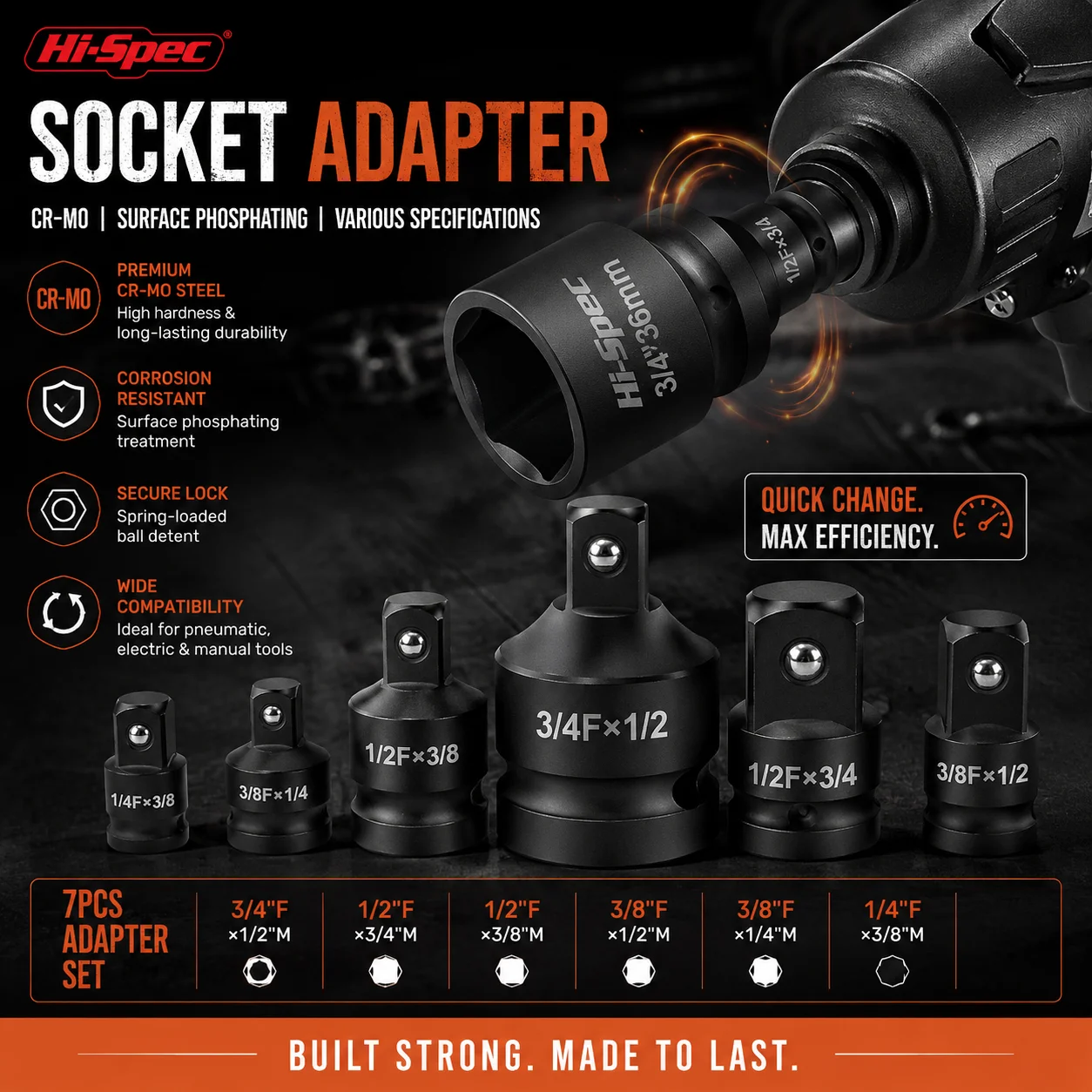 Hi-Spec Impact Drive Socket Converter Adapter For Size Conversion From 1/2 To 3/8 And Other Sizes Ideal For Repair Work