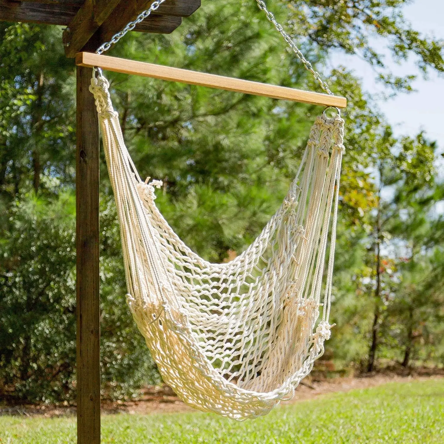 Single Hammock Chair Oatmeal Rope 350 lb Capacity Oak Spreader Bar Zinc Hardware Indoor Outdoor Patio Garden, Customized