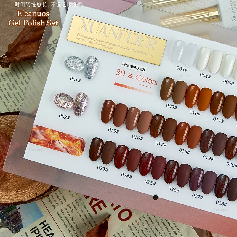 Eleanuos Schokoladengel, poliert, 30 Stück, gemischt, durchsichtig, braun, einfarbig, langlebig, UV-LED-Grundierung, Finish, Salon-Set, Ahornnägel, 15 ml