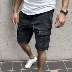 Mens Jogging Cargo Shorts Vintage Cotton Linen Trunks Solid Color Drawstring Multi-Pocket Shorts Summer Aloha Casual Streetwear