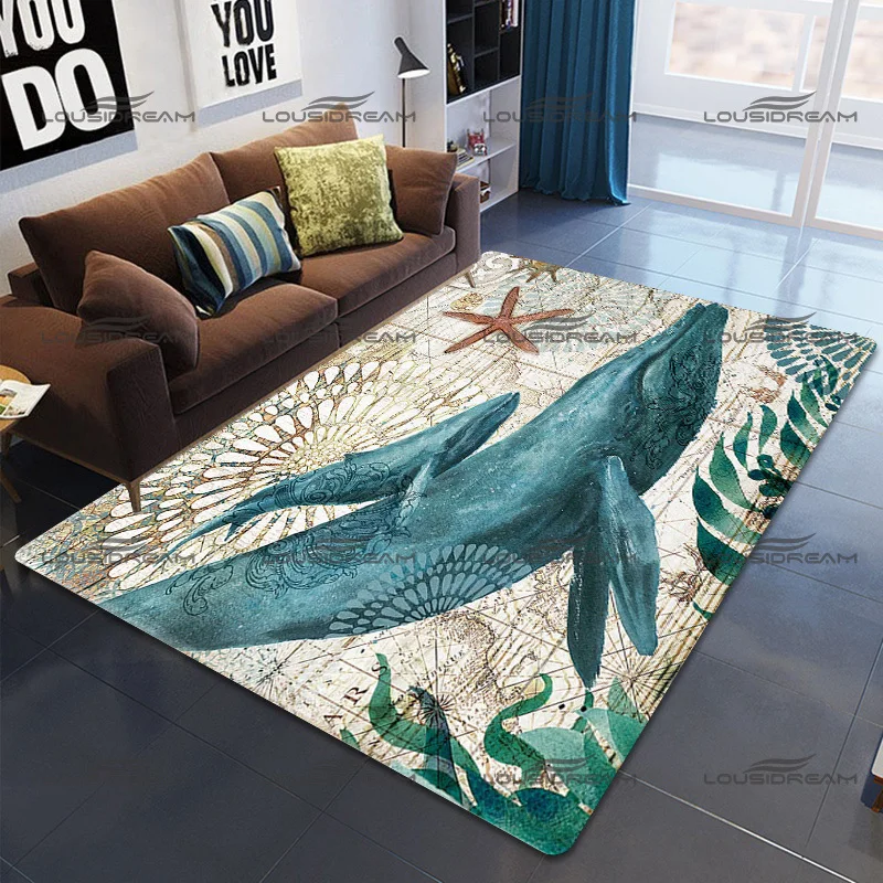 Octopus Seahorse Sea Life Pattern Carpet Square Flannel Vintage Upholstery Rugs Modern Home Living Room Floor Mats Bedroom Rugs