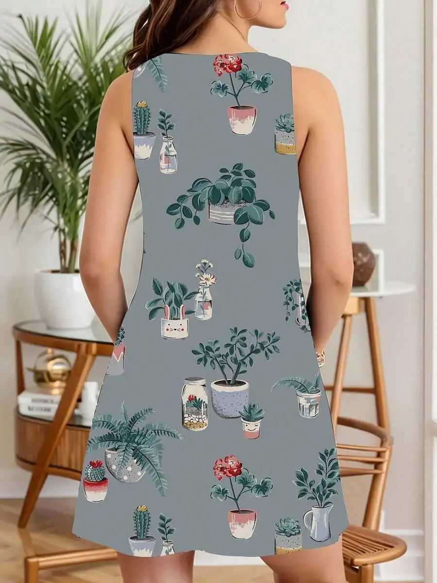 

Women Sleeveless A-Line Dress With Potted Plants And Flowers Print For Spring Summer