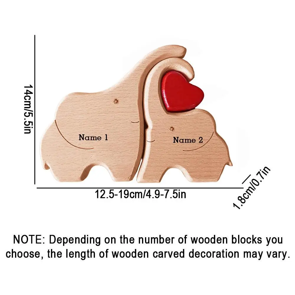 Wooden Elephant Family Statue DIY Your Family Name Art Crafts Desktop Ornament Wood Family Heart Wedding Christmas Gift 2024