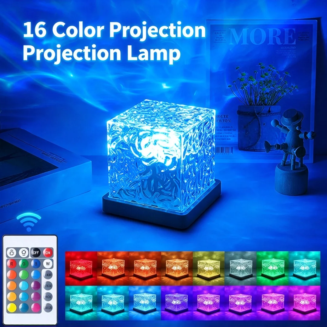 Water Ripples Projection Lamp 16 Colors Ocean Wave Night Light with Remote USB Powered Auto Rotate Home Room Decor Ambient Light