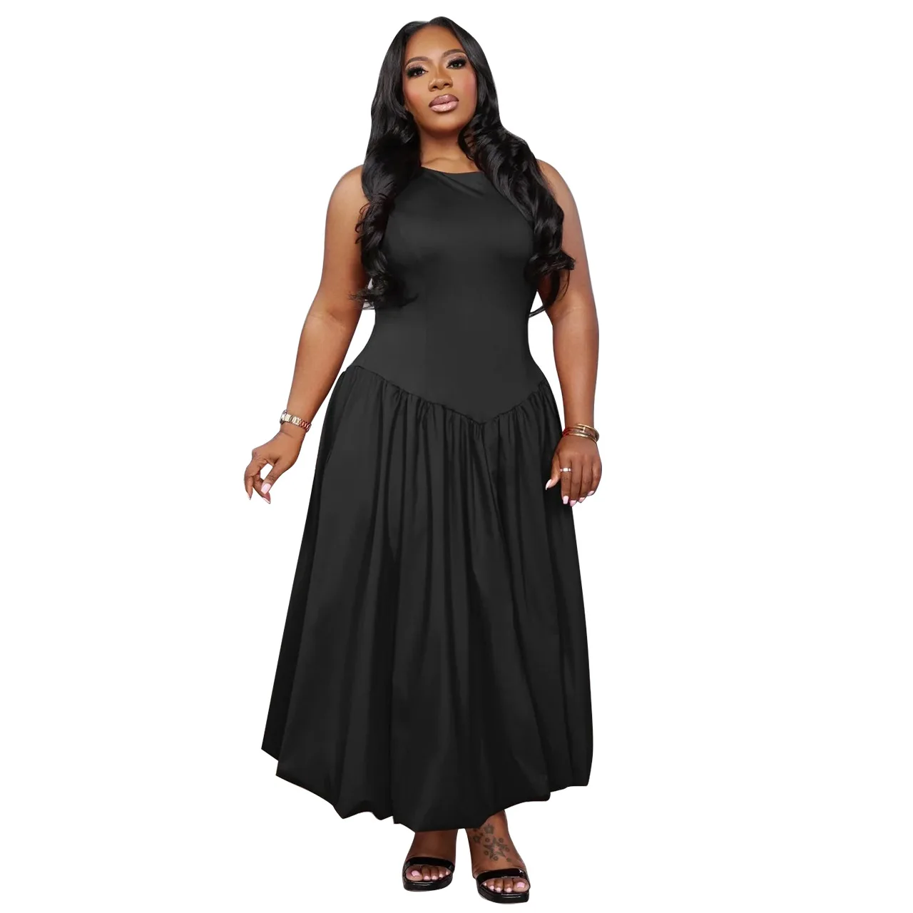 Plus size mulher vestido elegante cor sólida verão sem mangas tripulação pescoço cintura alta plissados vestidos casuais 4xl 5xl