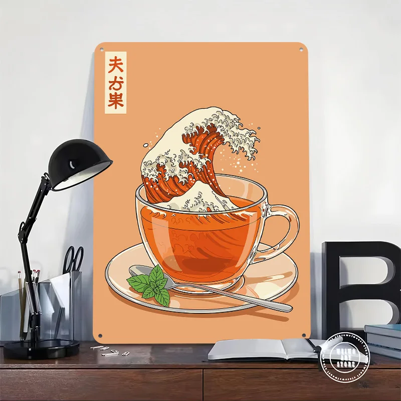Tea The Great Wave Tinplate Posters Customizable Wall Art Retro Vintage Metal Signs for Home Room Bedroom Decorations Desk Decor