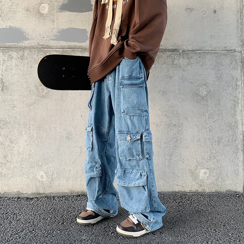 Casual Straight Leg Men's Workwear Jeans Multi Pocket BF Cool Loose Fit Vintage Japanese Style Long Pants All Season Youth Fa...