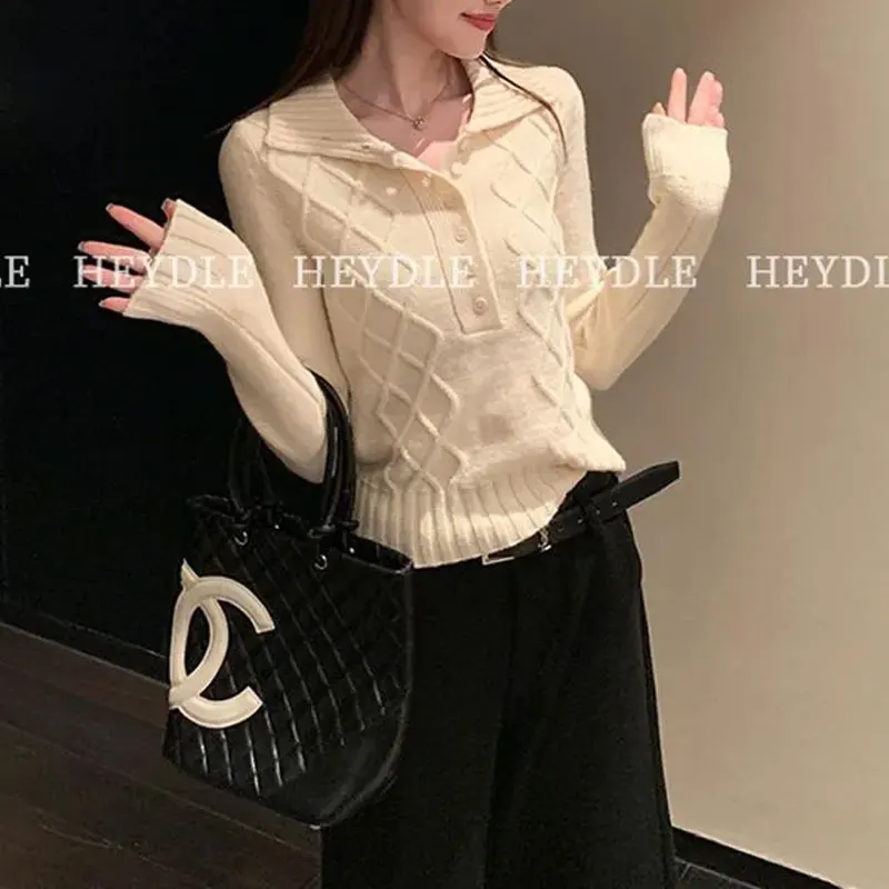 

Basic Vintage Solid Color Knitted Pullovers Female Clothing Turn-down Collar Button Autumn Winter Casual Long Sleeve Sweaters