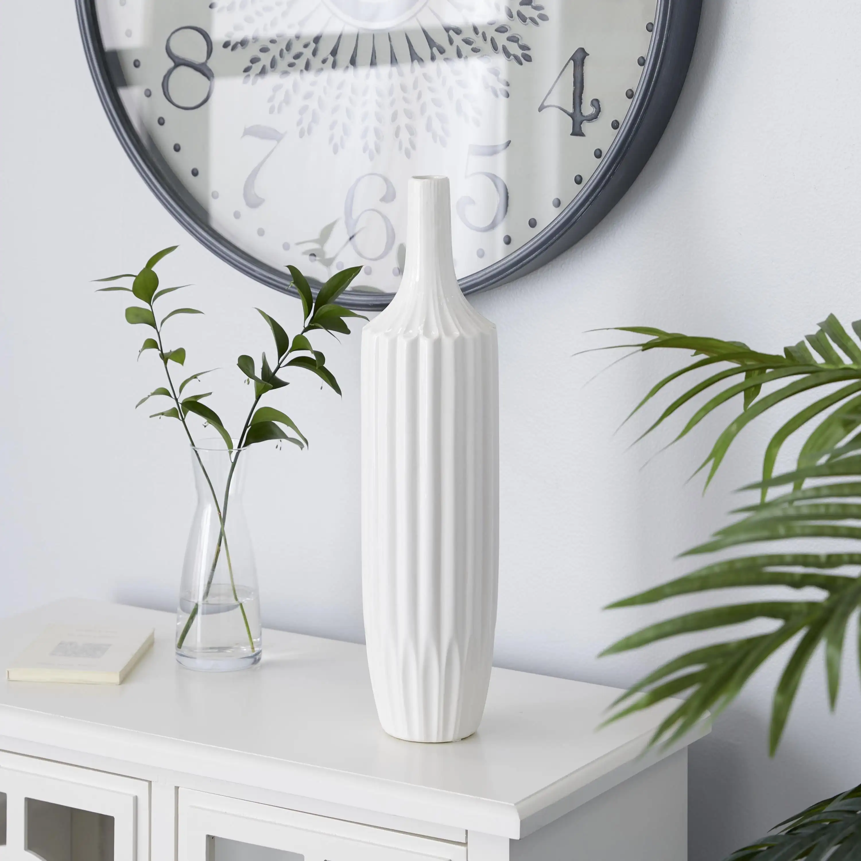 

Modern Ceramic Tall White Decorative Vase with Vertical Groove Pattern 5W X 19H
