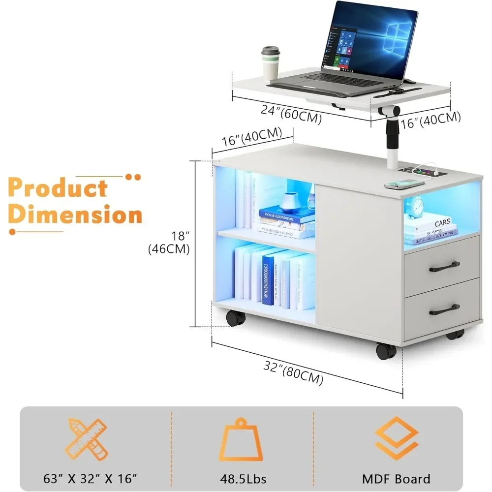 360° LED Nightstand with Wireless Charging Station Movable Adjustable Bedside Table with Laptop Tray