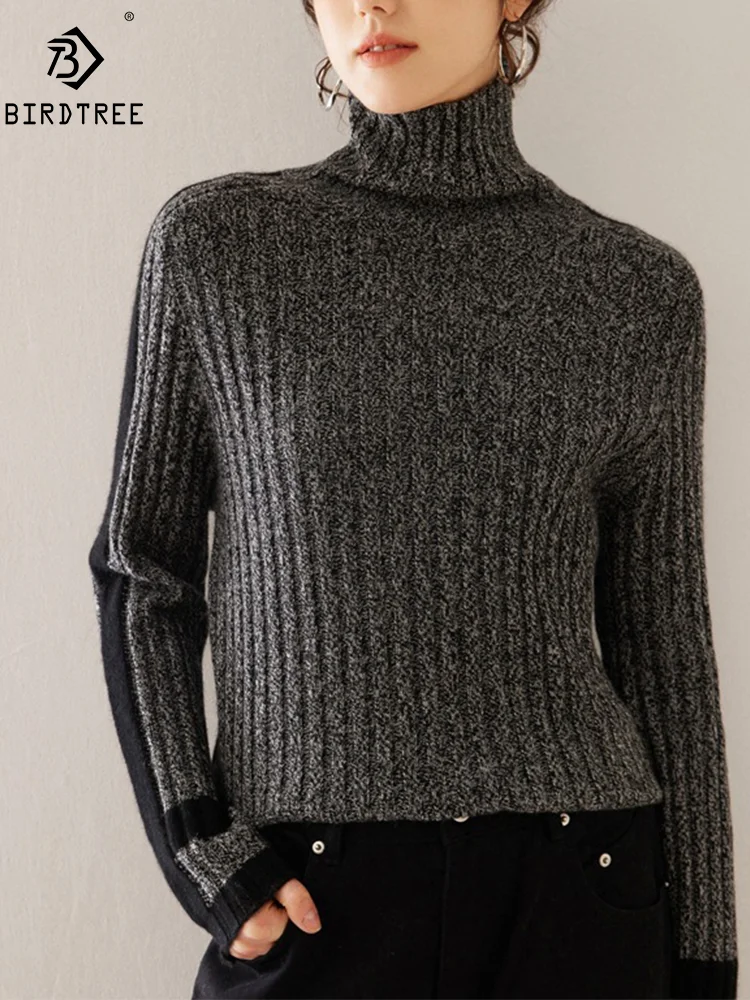 

BirdTree, 7G Cashmere Wool Thick Sweaters, Women Turtleneck Color Block, Soft Casual Loose Pullover, Autumn Winter Top T48631QM