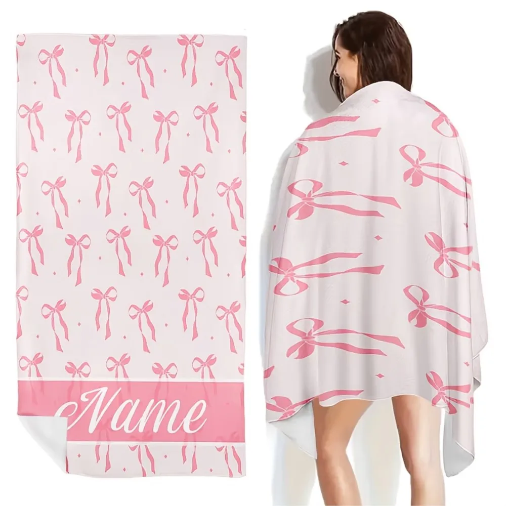 Personalized Ribbon Bow Custom Name/Text Beach Towel,Thin Quick Dry Absorbent for Beach Swimming Yoga Bath Sports