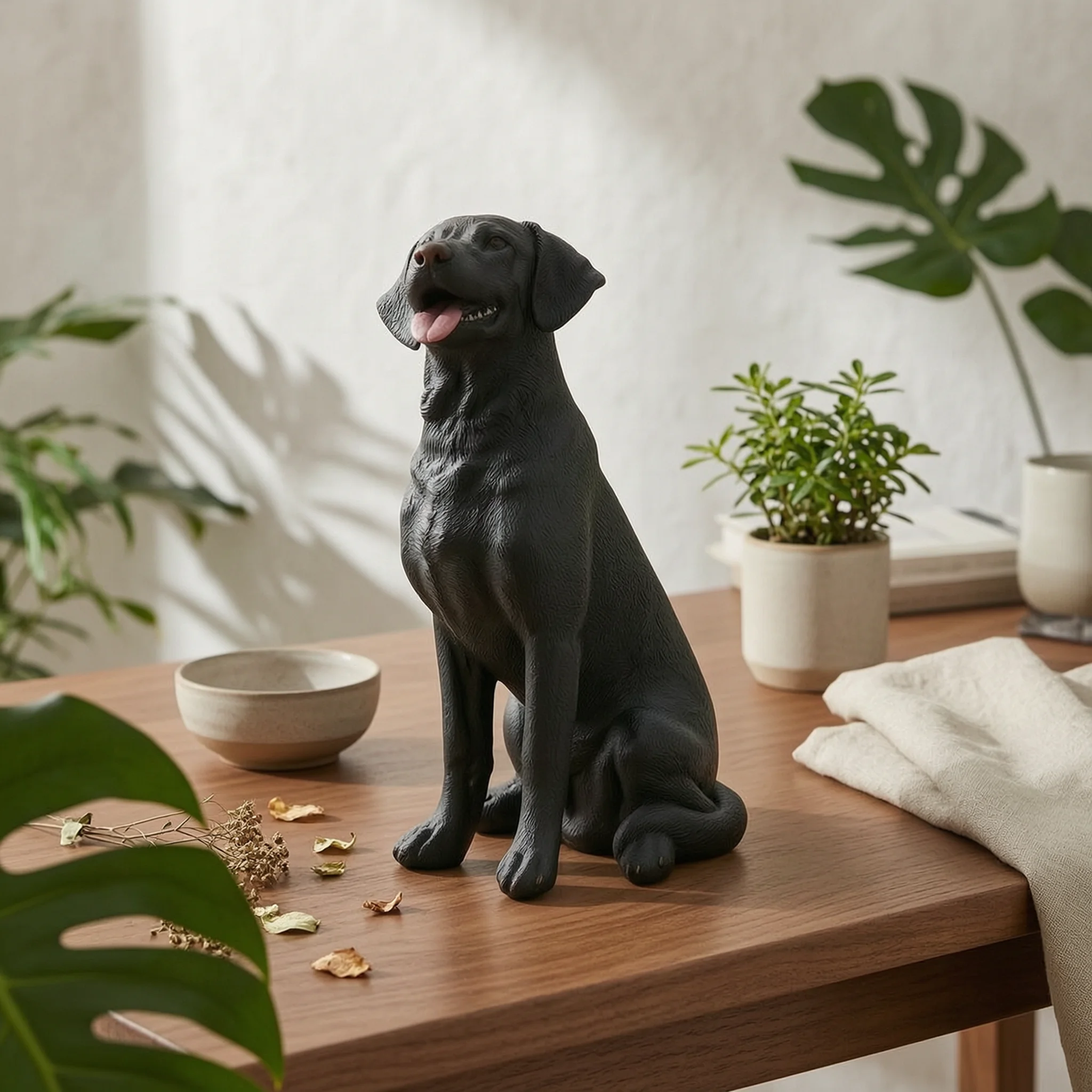 Labrador Retriever Statue Textured Coat Sitting Dog Sculpture Lifelike Dog Statue Floppy Ears Black Labrador Sculpture Open