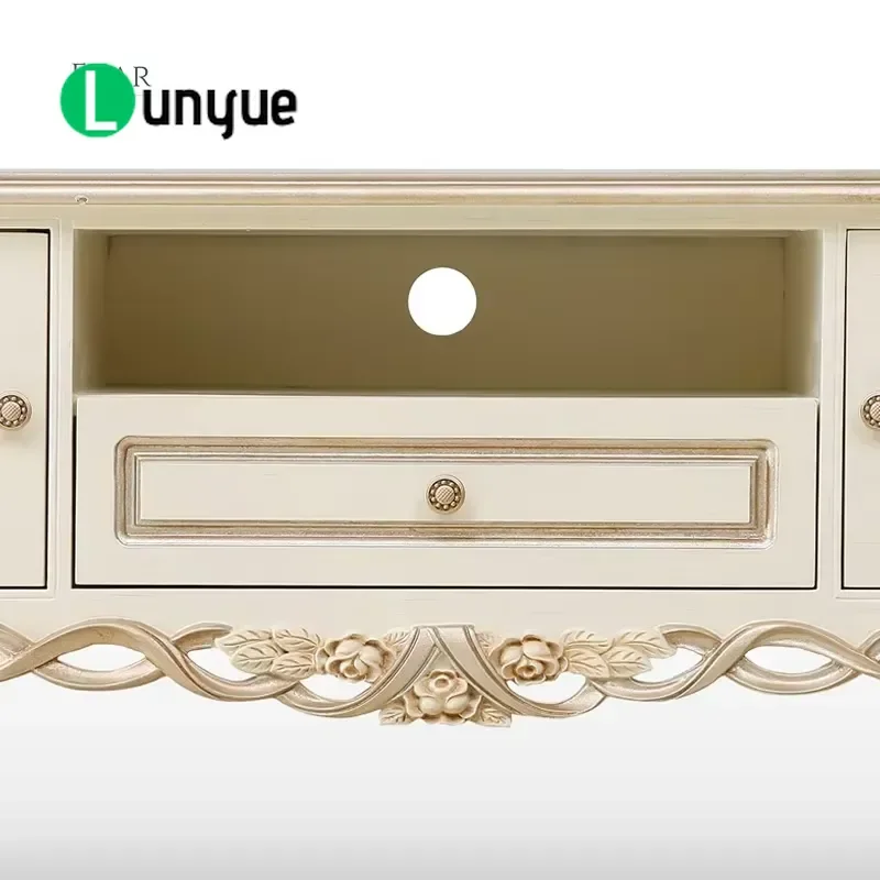 Luxury Antique White Solid Wood Hand Carved TV Stand Classic Retro Wooden Cabinet For Living Room Furniture Home Decor