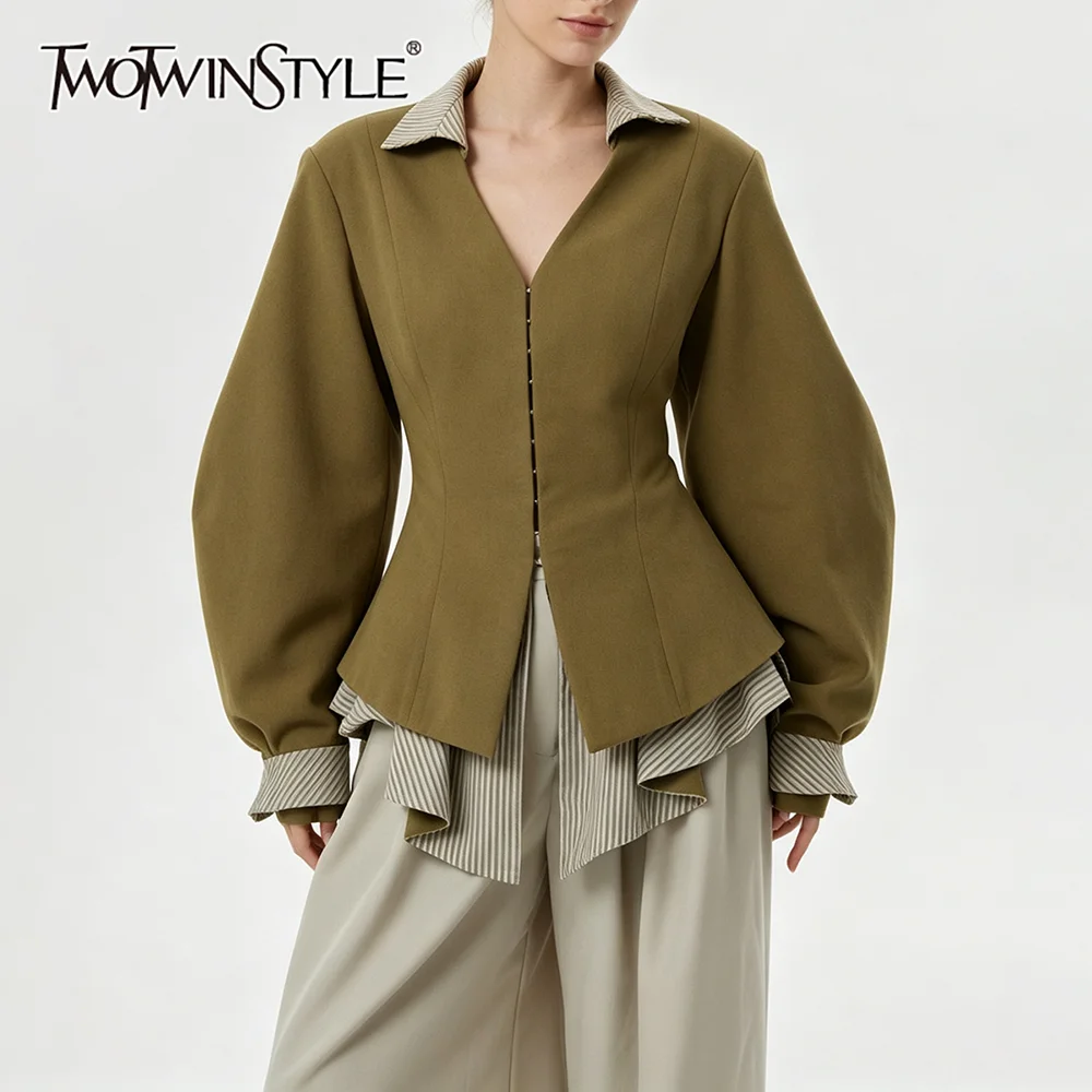TWOTWINSTYLE Fake Two Piece Jacket for Women V Neck Balloon Long Sleeve Lace Up Back Corset Waist Peplum Hem Outerwear Casual