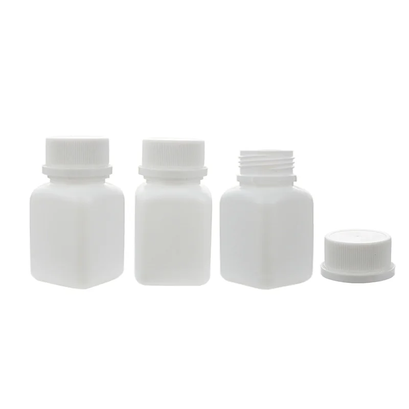 50/100 garrafas plásticas potable do comprimido da vitamina do hdpe da forma quadrada branca vazia 30cc 30ml dos pces com tampas invioláveis dos tampões para a medicina