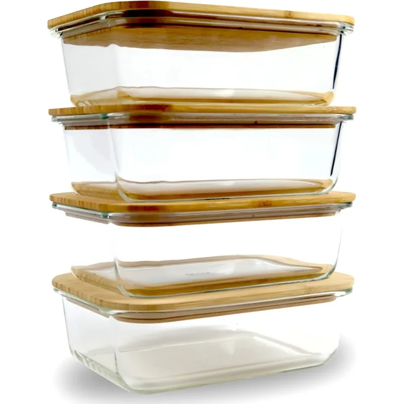 Glass Food Storage Containers with Bamboo Lids (4 Pack, 36 Ounce) Eco Friendly Meal Prep Containers Reusable – Airtight