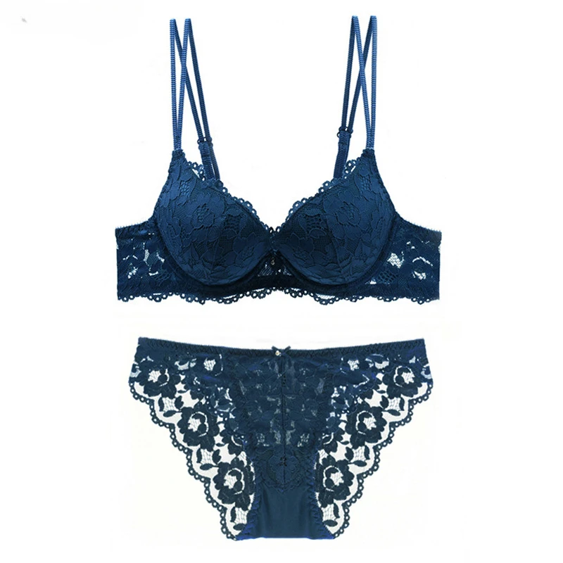 Set pakaian dalam seksi bordir katun wanita Push Up tebal Cup A B C Brassiere biru renda Set Bra dan celana dalam bermerek Lingerie V dalam