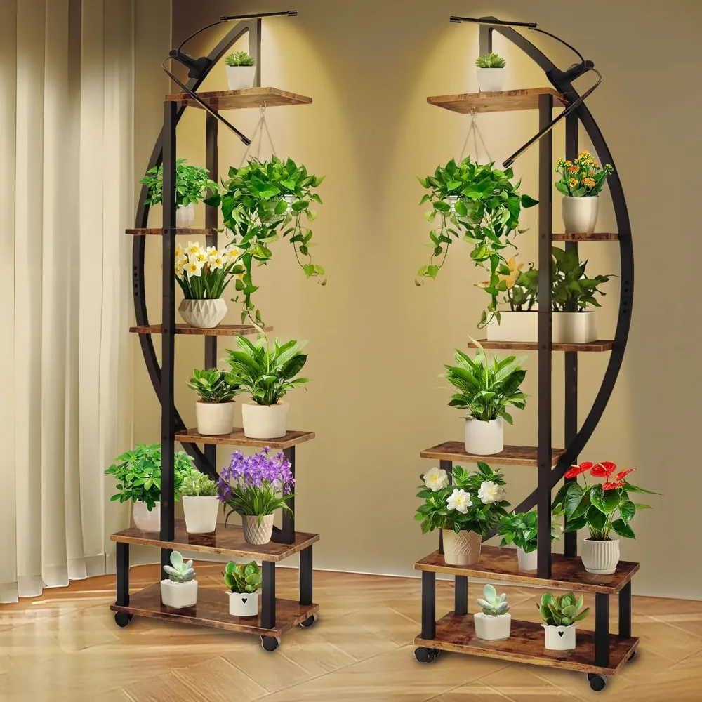 

2 Pcs 6 Tier Tall Metal Plant Stand Indoor with Growing Light, Detachable Wheels, Curved Ladder Flower Pot Stand Rack