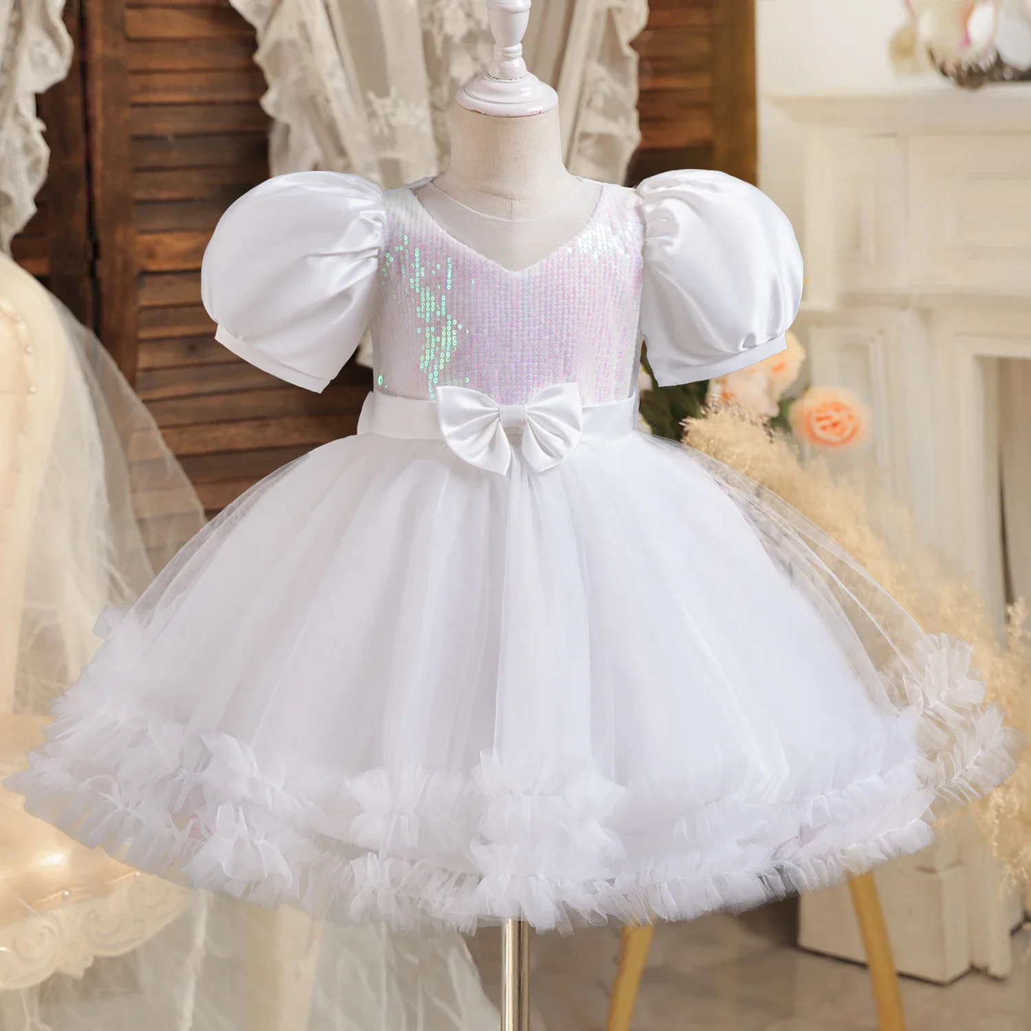 Summer Toddler Girl Dress Evening Bow manica a sbuffo Kid Princess Dress Baby Birthday Party Costume 1-5Y neonate abbigliamento per bambini