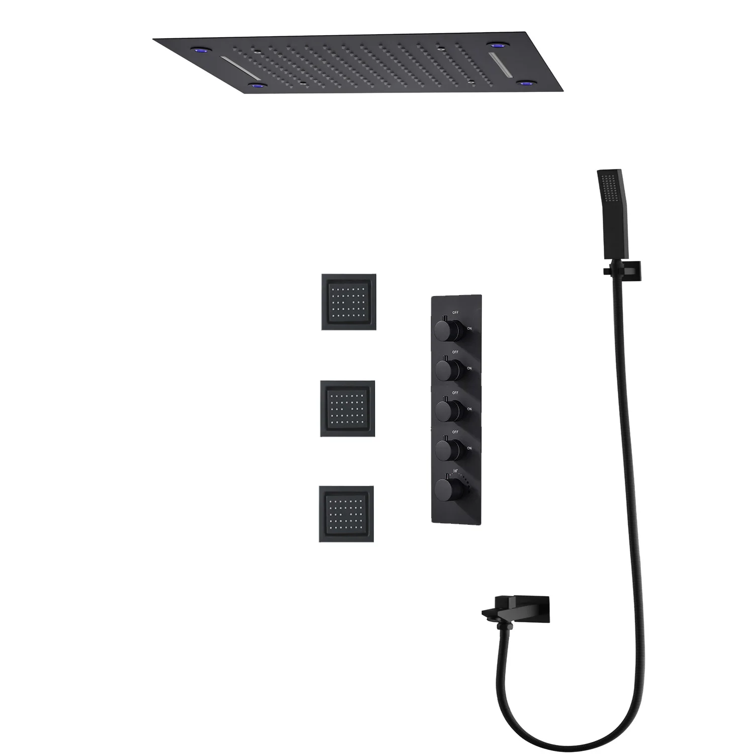 

hm Modern Ceiling LED Shower System 20x14 Inch Waterfall Rainfall Shower Head Set Thermostatic Mixer Valve With Side Jets Faucet