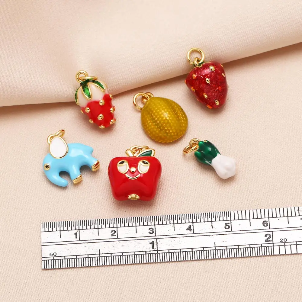 OCESRIO Small Red Enamel Strawberry Charms for Bracelet Copper Gold Plated Apple Vegetable Jewelry Making Accessories chma328