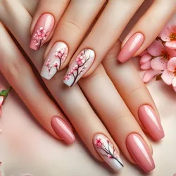 24Pcs Medium Summer Artificial False Nails Flower Pink Coffin Removable Artificial Press on Nail Art Removable Fake Nails 2026