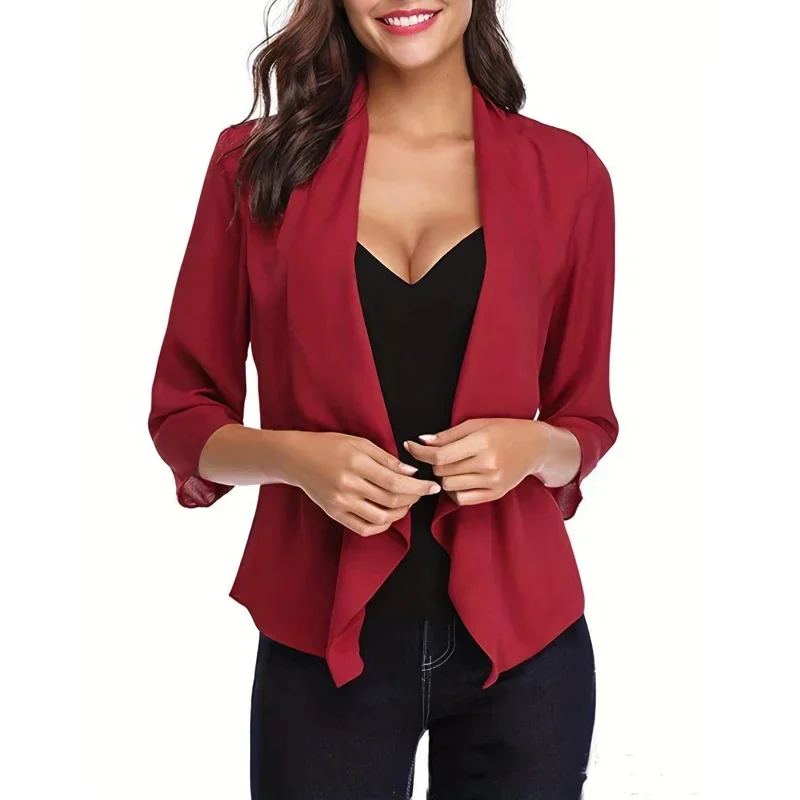 Fashion Irregular Shawl Shirts Office Lady Elegant Slim 3/4 Sleeve Chiffon Cardigan Solid Blusa 2025 Summer Women Clothes Korean