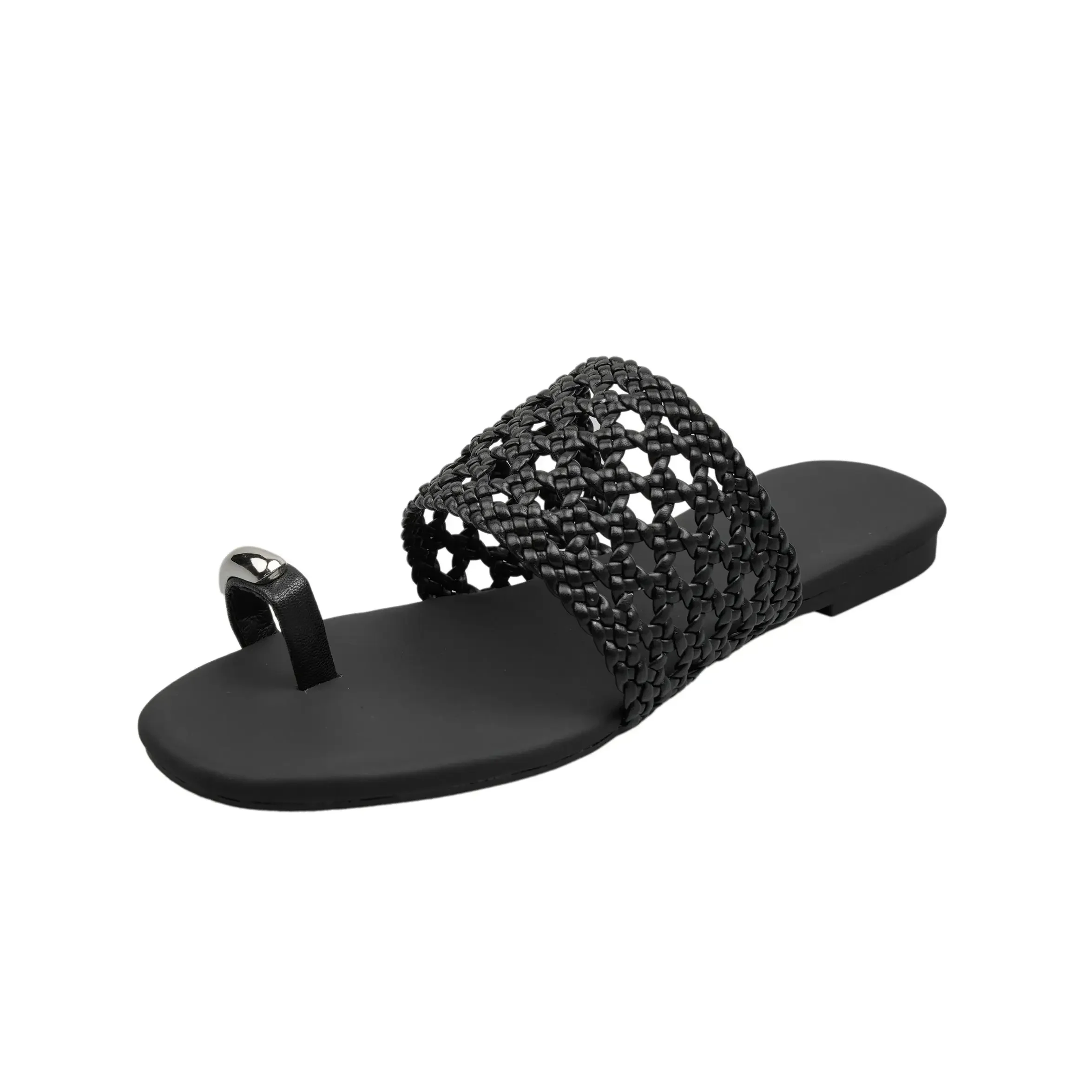 Zomervakantiestijl Microfiber weven Woordslippers Ronde holle platte schoenen Pinch toe strand Coole pantoffels