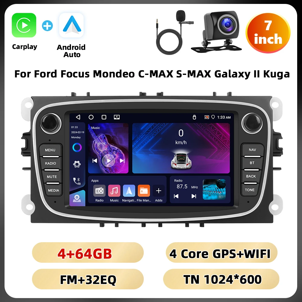 Podofo 7 ''Android Multimedia Speler Voor Ford Focus Mondeo C-MAX S-MAX Galaxy Ii Kuga Gps Navigatie 2 64G Carplay Android Auto