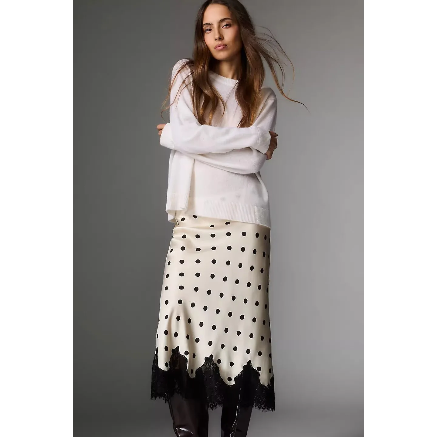 Fashionable Versatile Satin Lace Panel Bodycon  Skirt Women's High Waist Polyester Fiber New Arrival Spring Summer