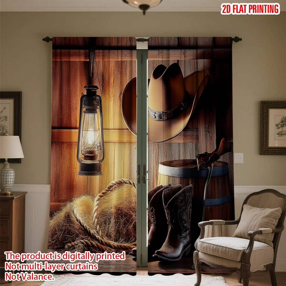 

2D flat printing 2pcs Window Curtains Western Cowboy Essentials Digital Printed Polyester Drapes Birthday Party Use for New Year