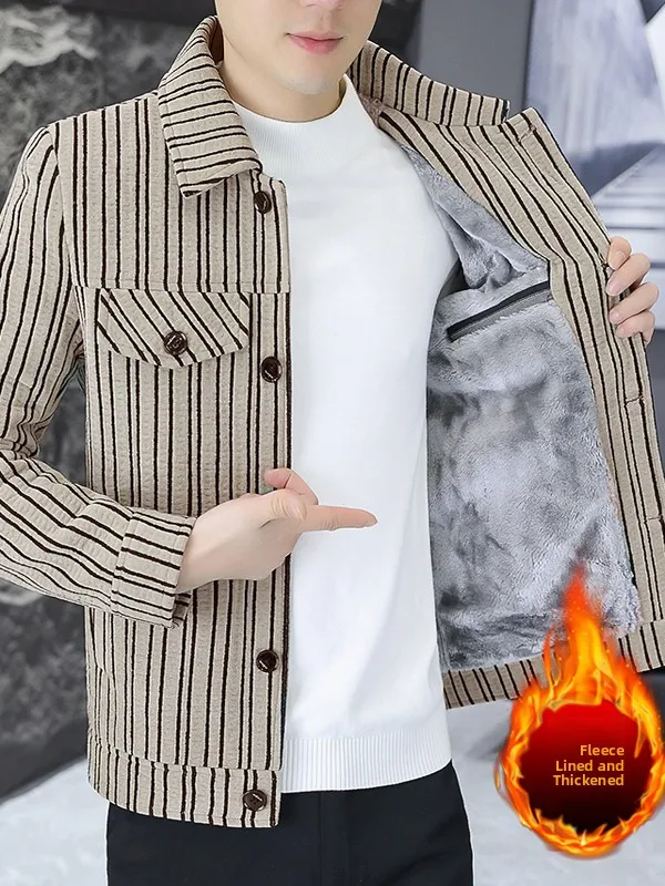 

Мужская утепленная куртка Slim Fit с флисовой подкладкой, повседневная, осенне-зимняя, теплая, в корейском стиле, с полосатым воротником, стандартный крой рукавов