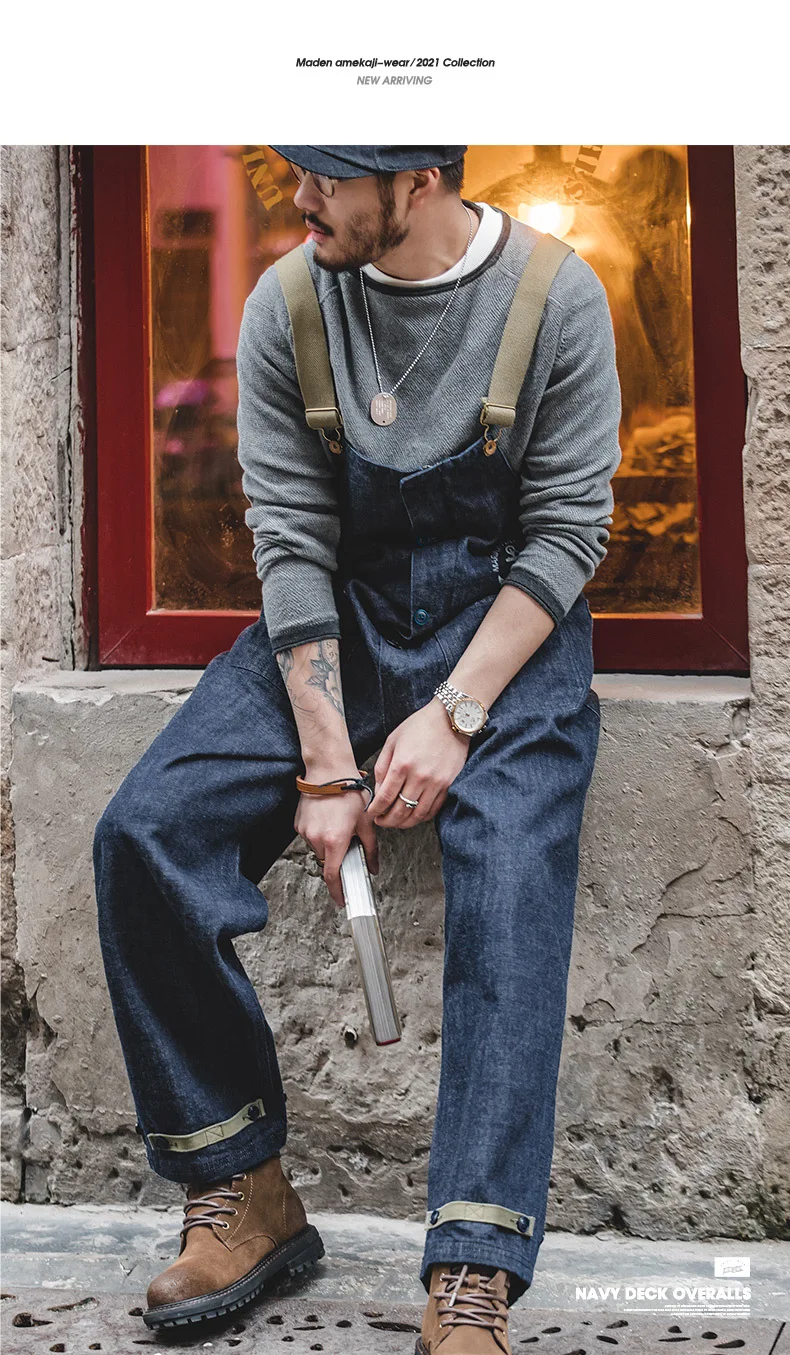 ملابس عمل Madden الأمريكية الرجعية البحرية سطح السفينة وزرة مستقيمة واسعة الساق حمالات الجينز الرجال الربيع #5