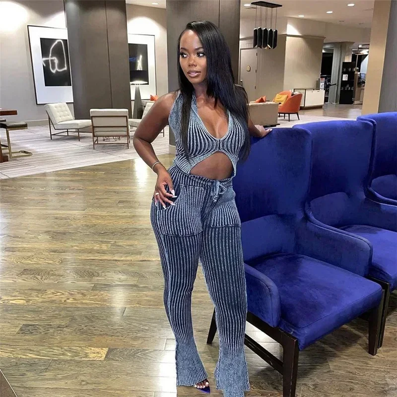 Blue Striped Women Casual Two Piece Set Crochet Halter Deepv-Neck Vest+Pocket Pants Skinny Stretch Matching Outfits