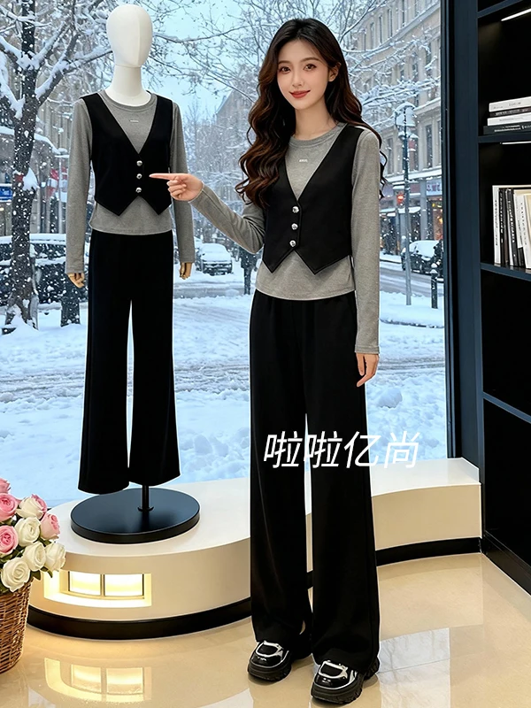 

Spring Fashionable Workwear Set Women's Unique Design Illusory Two-Piece Top Wide Leg Pants Two-Piece Set Comfortable Casual ...