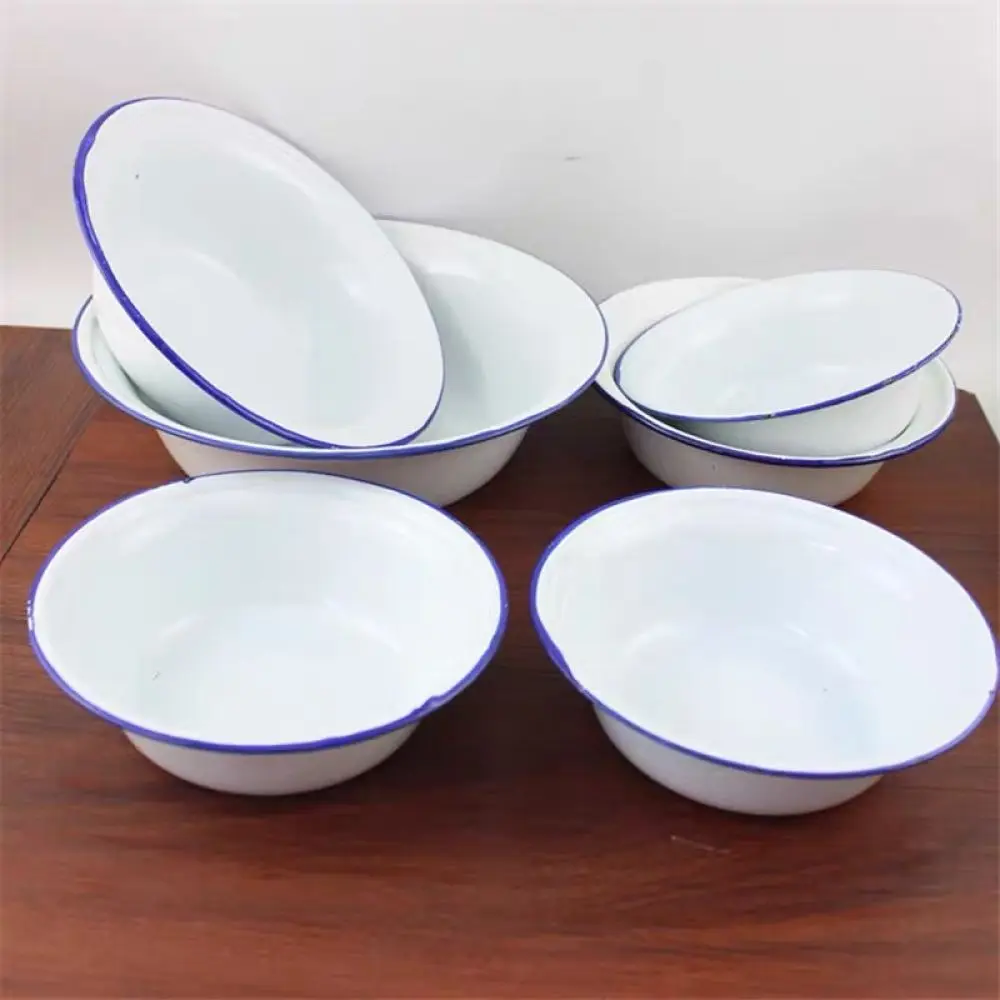 Rustic Enamel Deep Basin Retro Kitchen Soup Bowl White Serving Utensil Traditional Tableware Durable Food Container