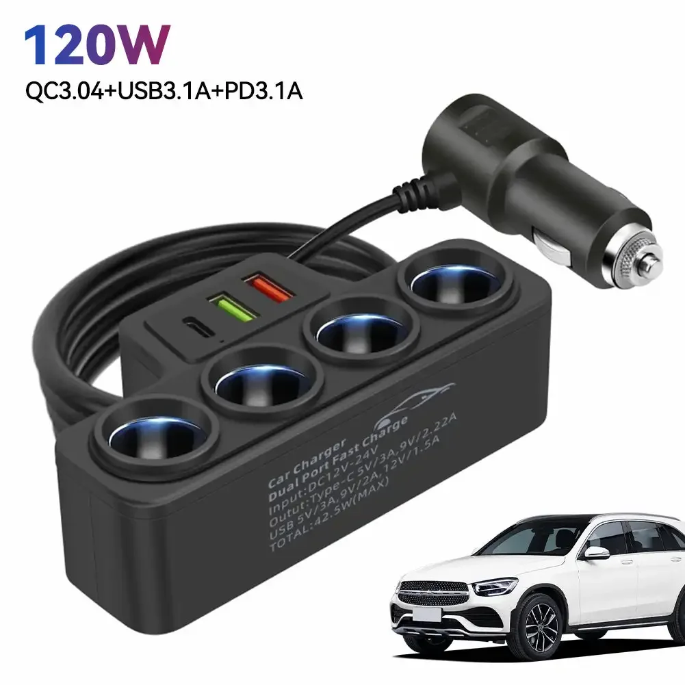 

120W 4-Socket Car Cigarette Lighter Adapter 12V/24V 4-Way Splitter USB Port Socket Converter for Vehicle
