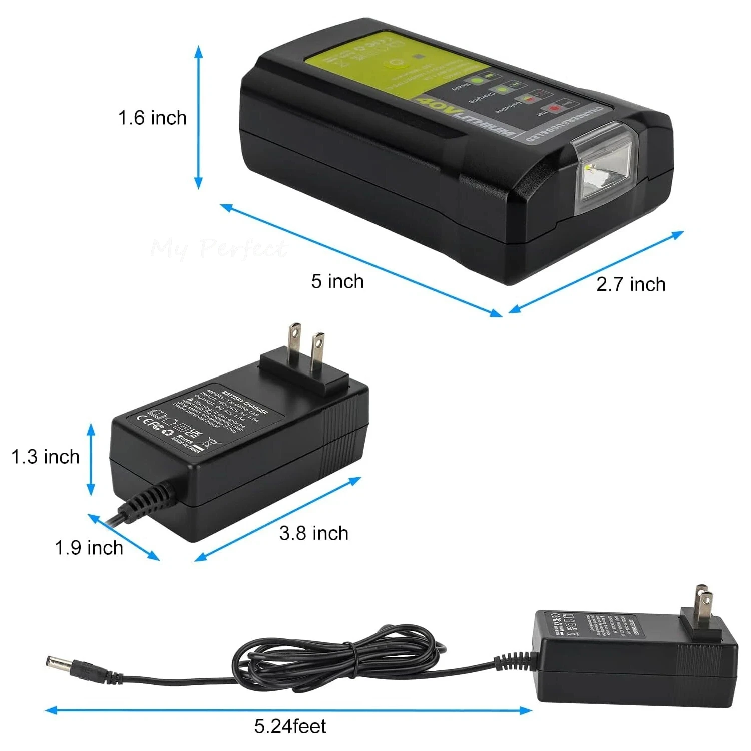 40V Charger for Ryobi Lithium Battery Dual USB and Type-C 2.1A Fast Charge with 140lm LED Light Charging Indicator for OP40201