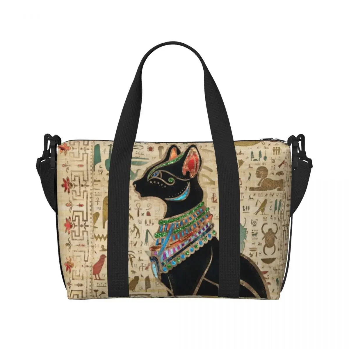 Custom Egyptian Cat Groceries Tote Shopping Bags Women Big Capacity Egypt Hieroglyphic Gym Beach Travel Bags