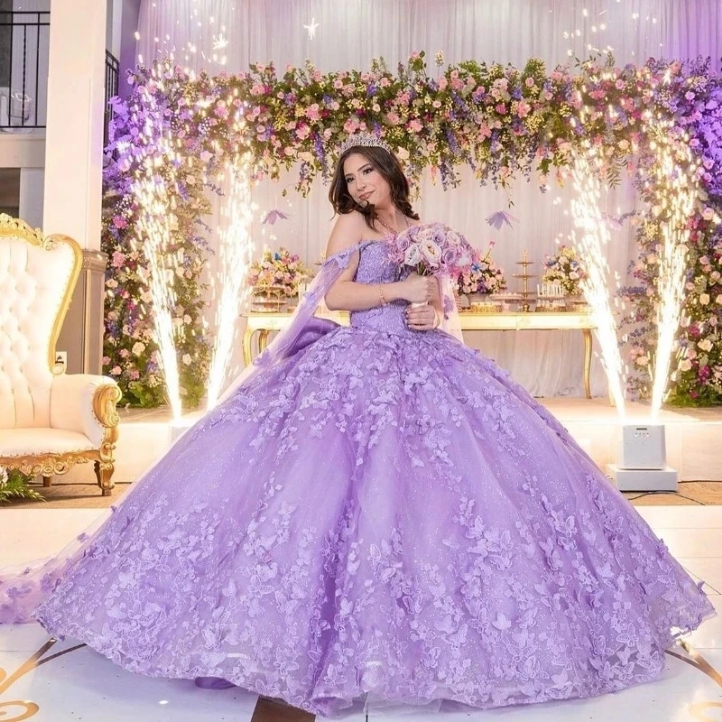 Lavender Sweet 16 Quinceanera Dress with Cape 2024 Off Shoulder Butterfly Appliques Princess Party Gown Vestidos De 15 Años