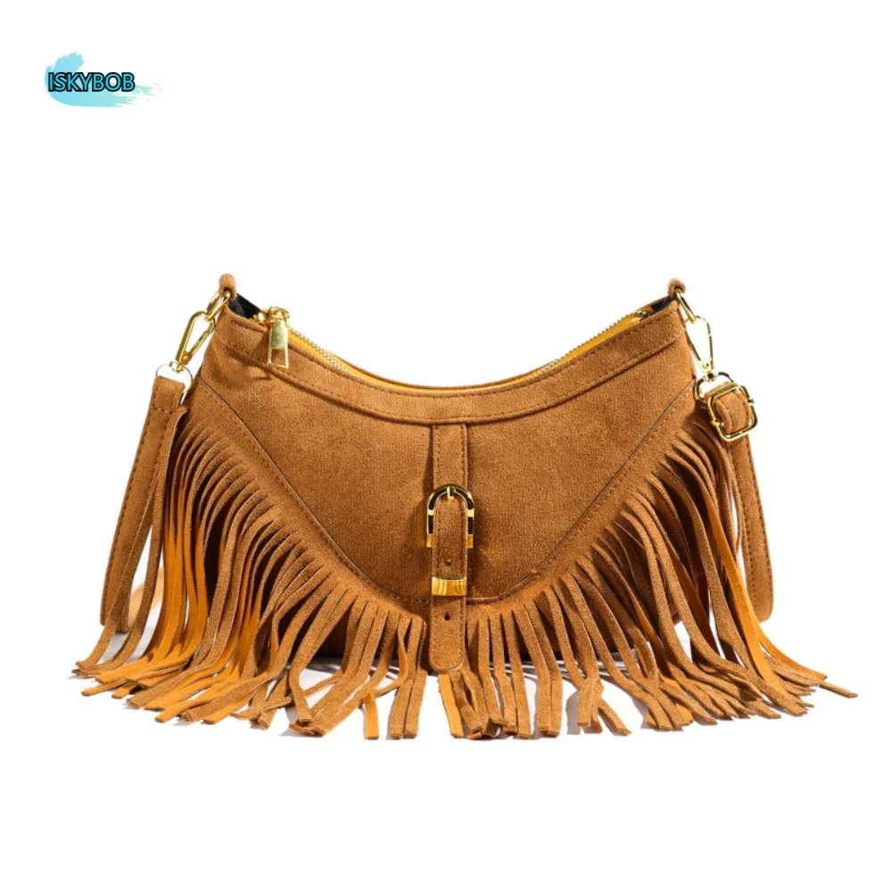 

Cute Korean Style Tassel Shoulder Bag Vintage Rivet Suede Crossbody Bag PU Leather Bohemian Style Ethnic Style Handbag Travel