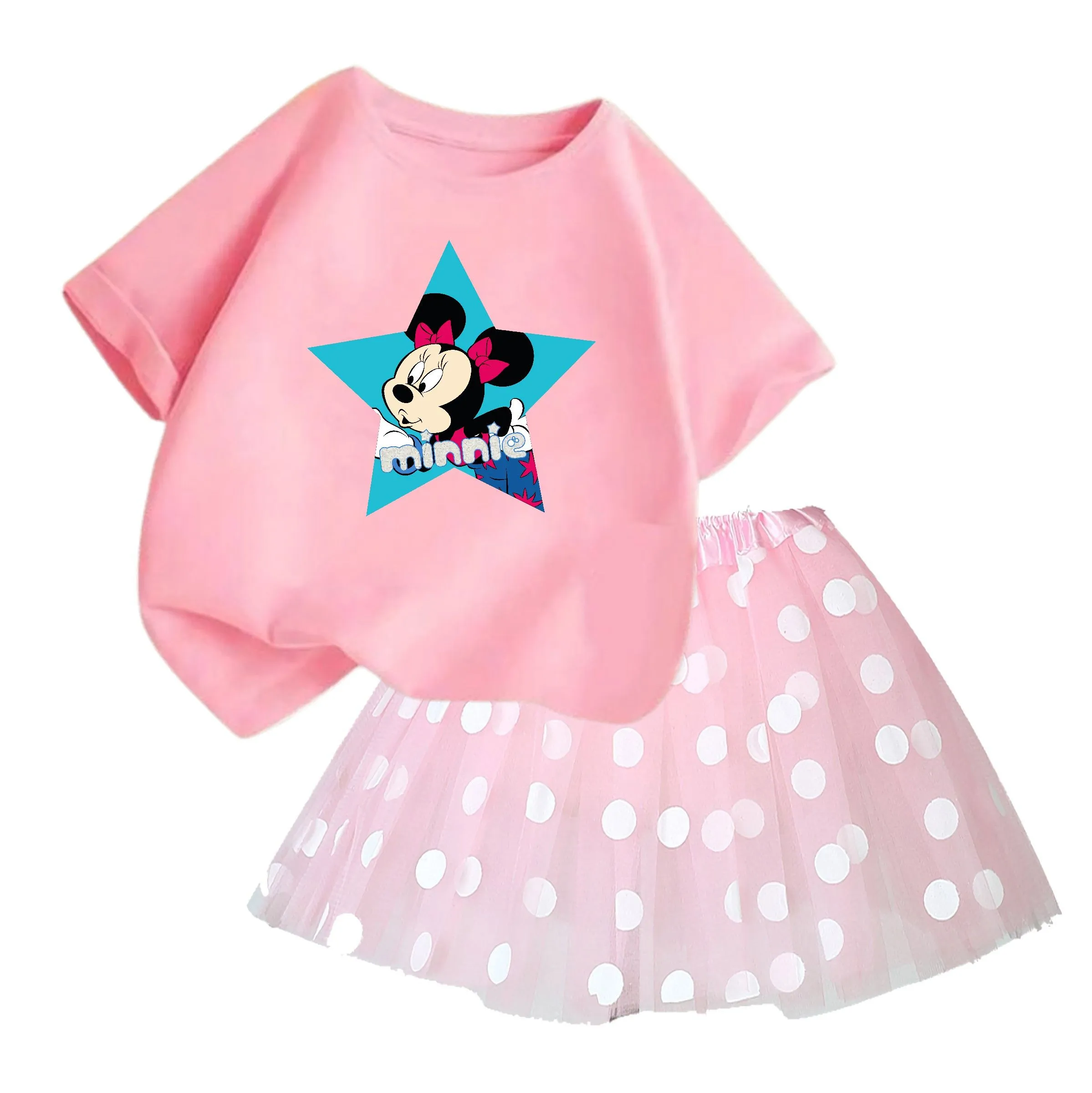 Summer Girls Disney Short Sleeve Top + Gauze Skirt Set Cartoon Cute Girls Princess Skirt Set Casual Set Girls Pompadour Skirt