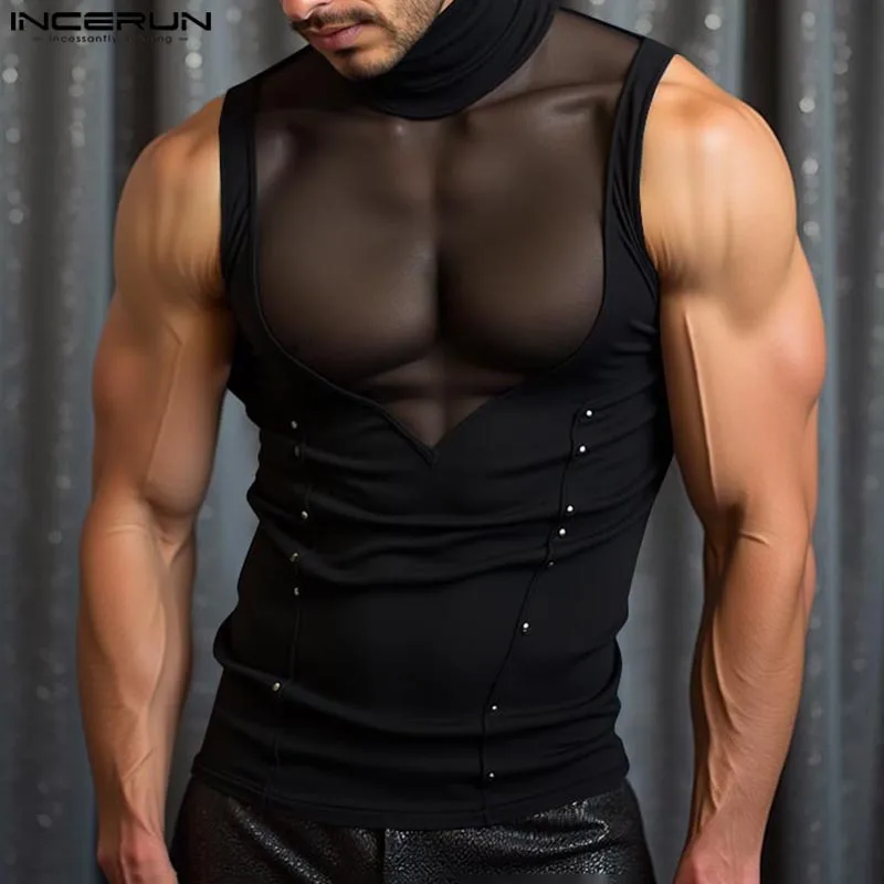 

INCERUN Men Tank Tops Mesh Patchwork Turtleneck Sleeveless Vests Streetwear See Through Fashion Sexy Men Clothing Summer 2025