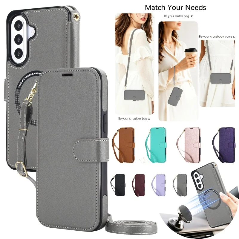 Magnetic Leather Wallet Card Phone Case for Samsung Galaxy A57 A37 A17 A16 A36 A56 A15 A35 A55 Wireless Charging Lanyard Cover