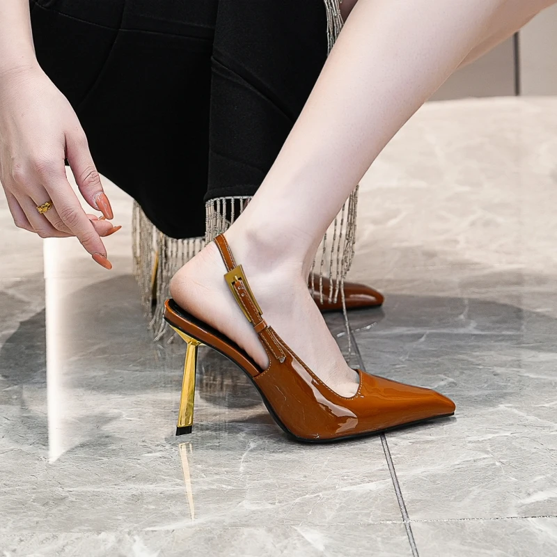 New Spring and Summer Women's High Heels Metal Heels Stiletto High Heels Sexy Square Toe Closed Toe Slingback Sandals