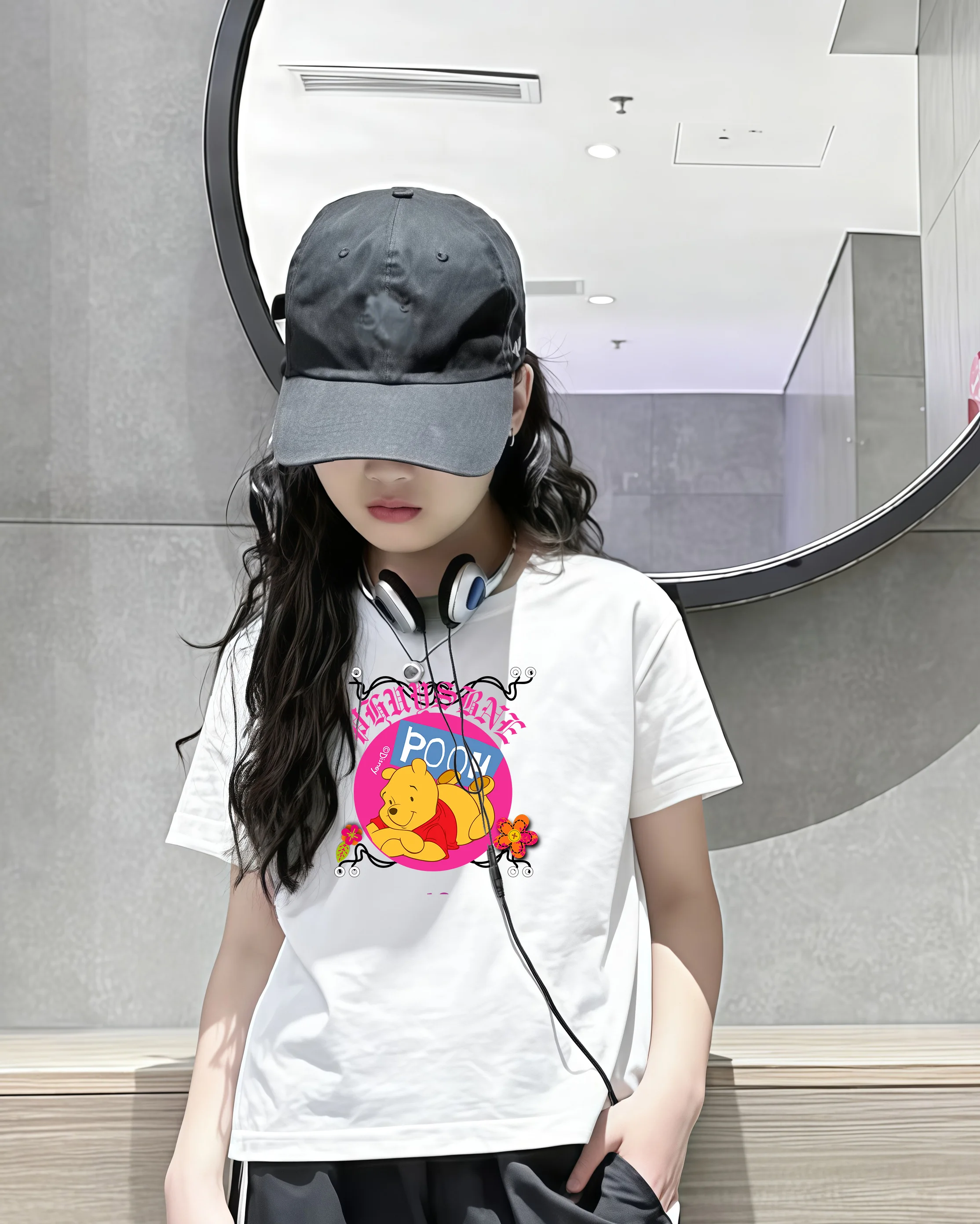 

Детская футболка с мультяшным принтом медведя Диснея, повседневная, 100% хлопок, удобная, свободная посадка, с коротким рукавом, студенческий стиль