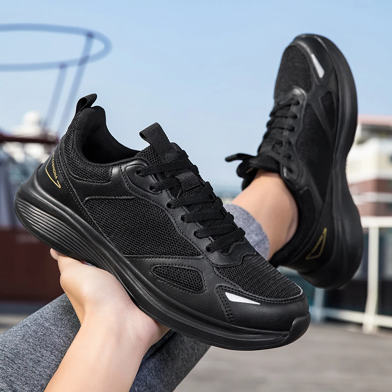 

Men's All-Black Casual Sports Shoes 2025 Spring Summer Breathable Mesh Soft Sole Shock Absorption Running Walking Work Shoes