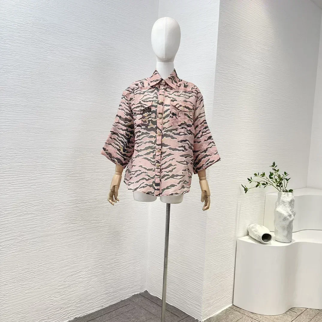 

Leopard Print Buttons Three Quarter Sleeve Pockets Patchwork Blouse Shirt Tops and Shorts with Belt Women Set