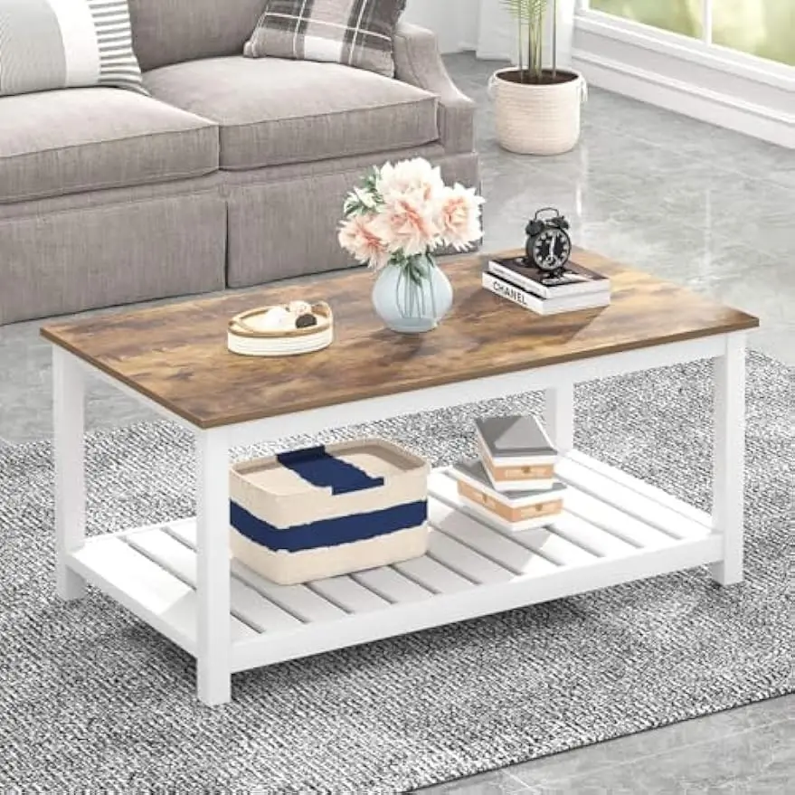 

Modern Coffee Table with Storage Shelf, Farmhouse Rectangle Living Room Center Table for Small Spaces, 39.4 Inch White